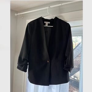 H&M Size 12 Black Suit Jacket with Shirred 3/4 Sleeves